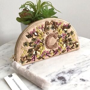 Anthropologie Leather Beaded Monogram Clutch Bag New With Tag